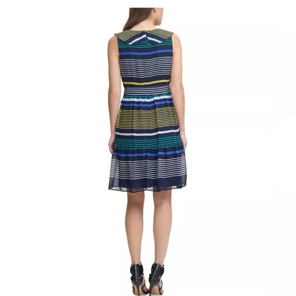 DKNY Womens Navy Ruffled Zippered Belted Lined Striped Sleeveless Surplice Dress - Picture 3 of 11